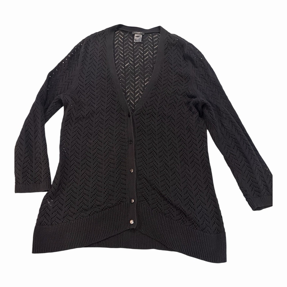 Ann Taylor Large Black Open Knit Crochet Cardigan Sweater Button Front L